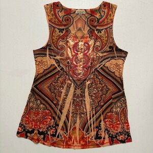 One World Paisley Blouse Sleeveless Tank Red Black Orange Scoop Neck Sequin Sz S